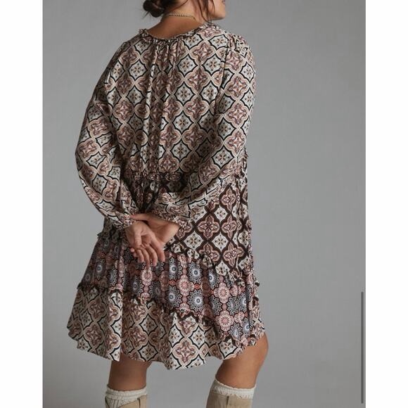 Anthropologie XS Boho Mixed Print Ruffle Mini Dress - Picture 2 of 5